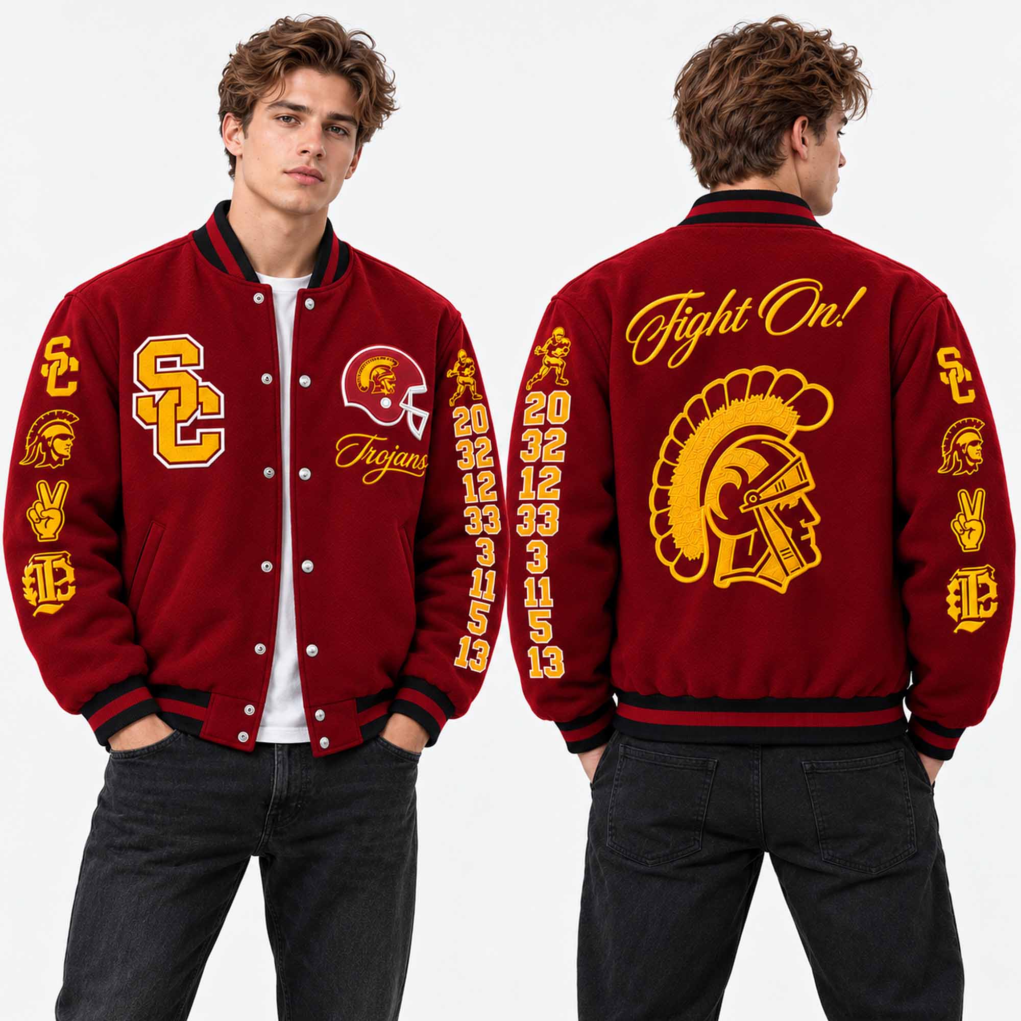 USC Trojans 8 Heisman Trophy Winners Fight On Varsity Jacket 2 USC Trojans 8 Heisman Trophy Winners Fight On Varsity Jacket 1