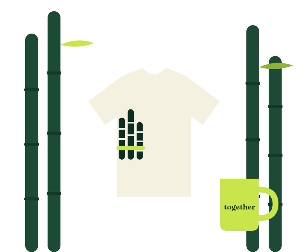 Illustrated tee and mug among bamboo stalks